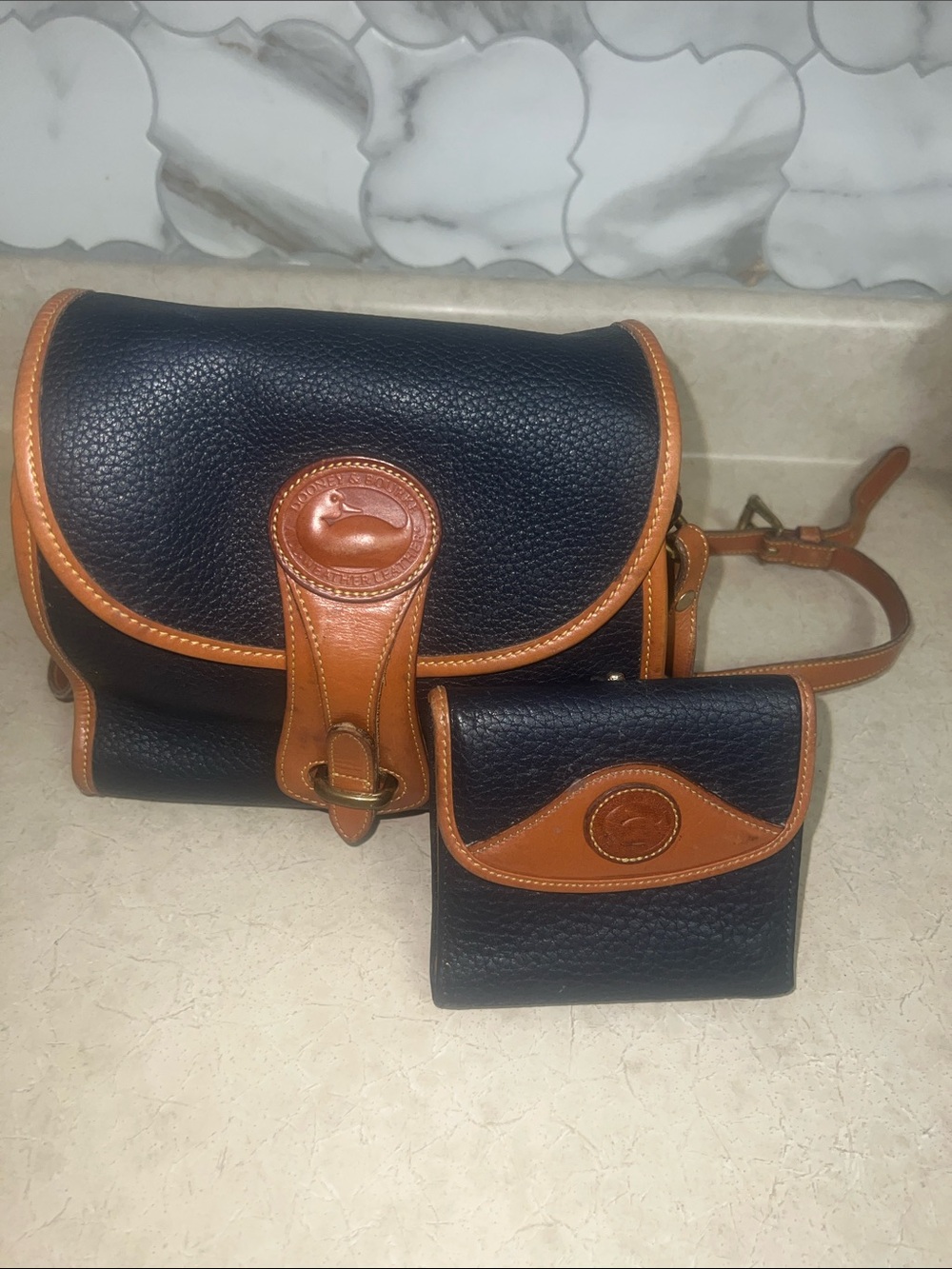 Dooney & Bourke Black Leather Crossbody with Tan Trim and Coin Purse